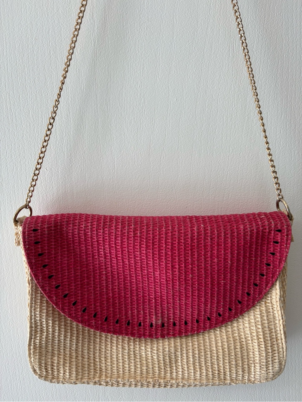 Escada Sorbetto Rosso Watermelon Straw Crossbody Handbag Purse Chain Strap